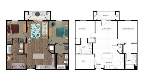 Floor plan for 2 beds, 2 baths, 1070 sqft